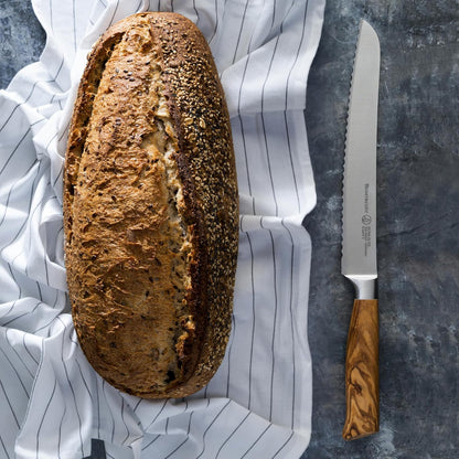 Oliva Elite 9” Scalloped Bread Knife - Fine German Steel Alloy Blade & Natural Mediterranean Olive Wood Handle - Rust Resistant & Easy to Maintain