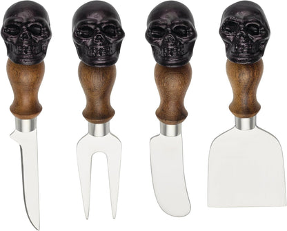 Serving Utensil Set, Skull Mirror Cheese Knives Flatware Set, Set of 4 Stainless Steel Utensils Set, Carved Wood Handles, Black Die Lacquer Finish, Halloween Decorations (4 Piece Cheese Knives)