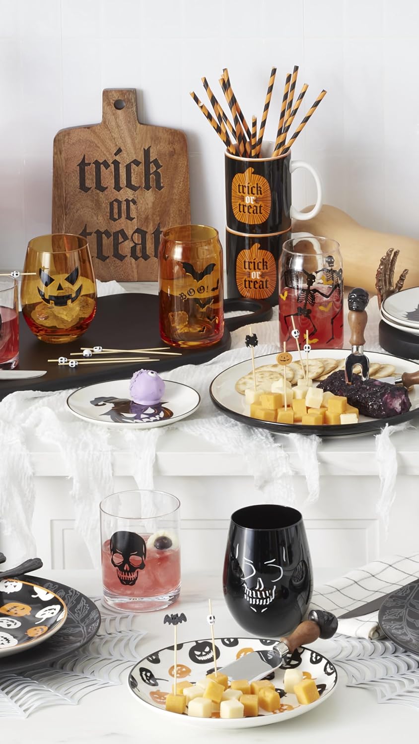 Serving Utensil Set, Skull Mirror Cheese Knives Flatware Set, Set of 4 Stainless Steel Utensils Set, Carved Wood Handles, Black Die Lacquer Finish, Halloween Decorations (4 Piece Cheese Knives)