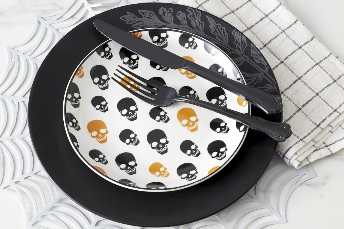 Serving Utensil Set, Skull Mirror Cheese Knives Flatware Set, Set of 4 Stainless Steel Utensils Set, Carved Wood Handles, Black Die Lacquer Finish, Halloween Decorations (4 Piece Cheese Knives)
