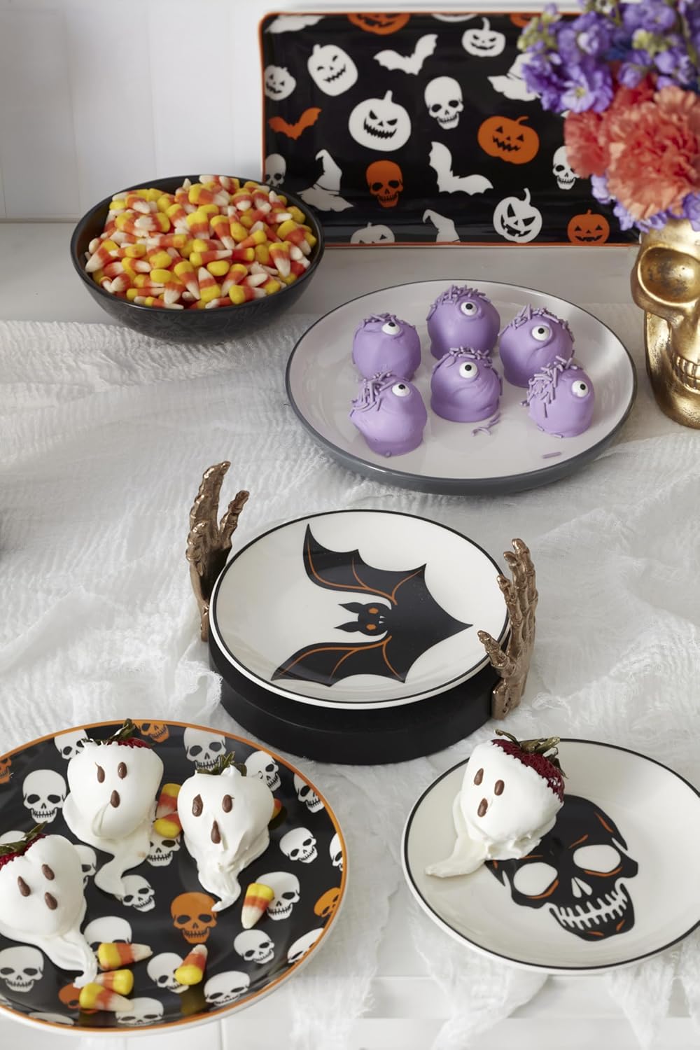 Serving Utensil Set, Skull Mirror Cheese Knives Flatware Set, Set of 4 Stainless Steel Utensils Set, Carved Wood Handles, Black Die Lacquer Finish, Halloween Decorations (4 Piece Cheese Knives)