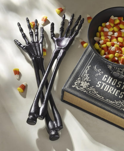 Serving Utensil Set, Skull Mirror Cheese Knives Flatware Set, Set of 4 Stainless Steel Utensils Set, Carved Wood Handles, Black Die Lacquer Finish, Halloween Decorations (4 Piece Cheese Knives)