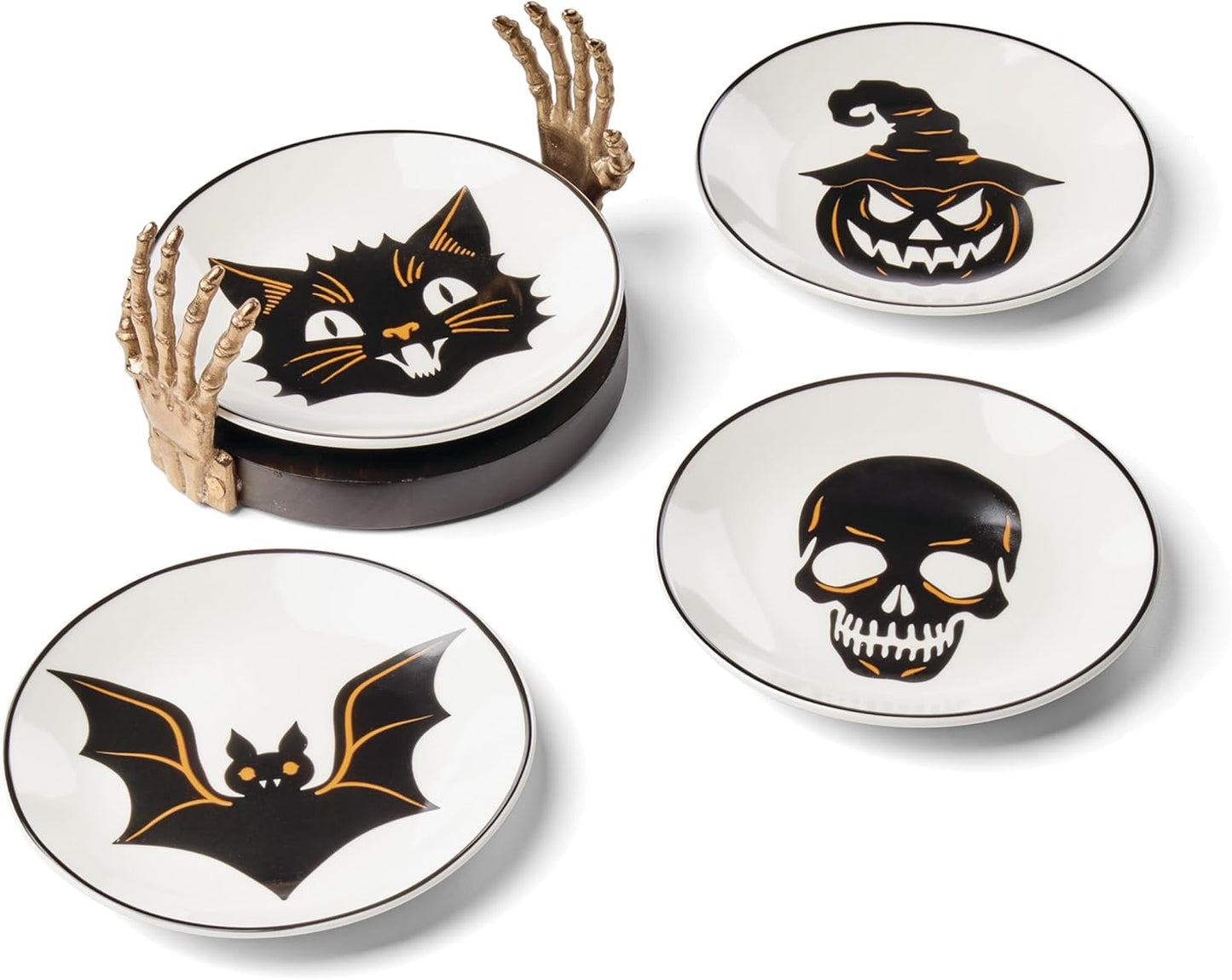 Serving Utensil Set, Skull Mirror Cheese Knives Flatware Set, Set of 4 Stainless Steel Utensils Set, Carved Wood Handles, Black Die Lacquer Finish, Halloween Decorations (4 Piece Cheese Knives)