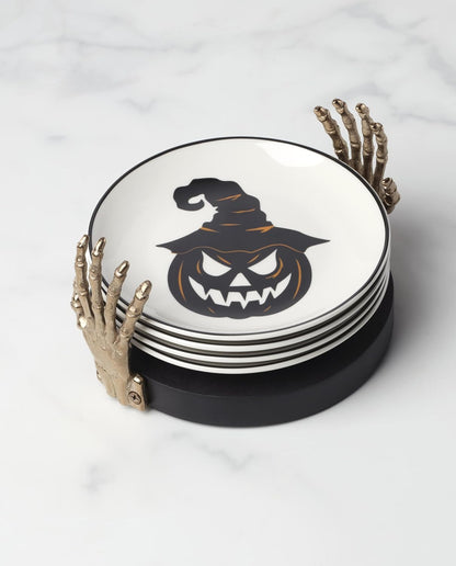 Serving Utensil Set, Skull Mirror Cheese Knives Flatware Set, Set of 4 Stainless Steel Utensils Set, Carved Wood Handles, Black Die Lacquer Finish, Halloween Decorations (4 Piece Cheese Knives)