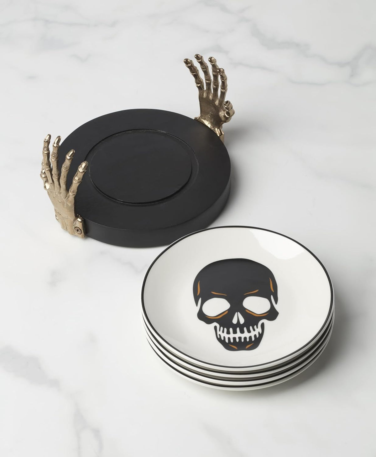 Serving Utensil Set, Skull Mirror Cheese Knives Flatware Set, Set of 4 Stainless Steel Utensils Set, Carved Wood Handles, Black Die Lacquer Finish, Halloween Decorations (4 Piece Cheese Knives)