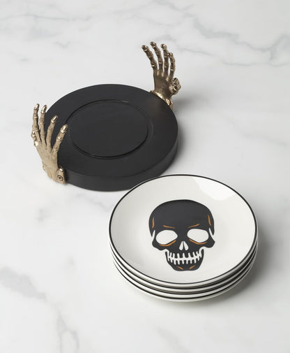 Serving Utensil Set, Skull Mirror Cheese Knives Flatware Set, Set of 4 Stainless Steel Utensils Set, Carved Wood Handles, Black Die Lacquer Finish, Halloween Decorations (4 Piece Cheese Knives)