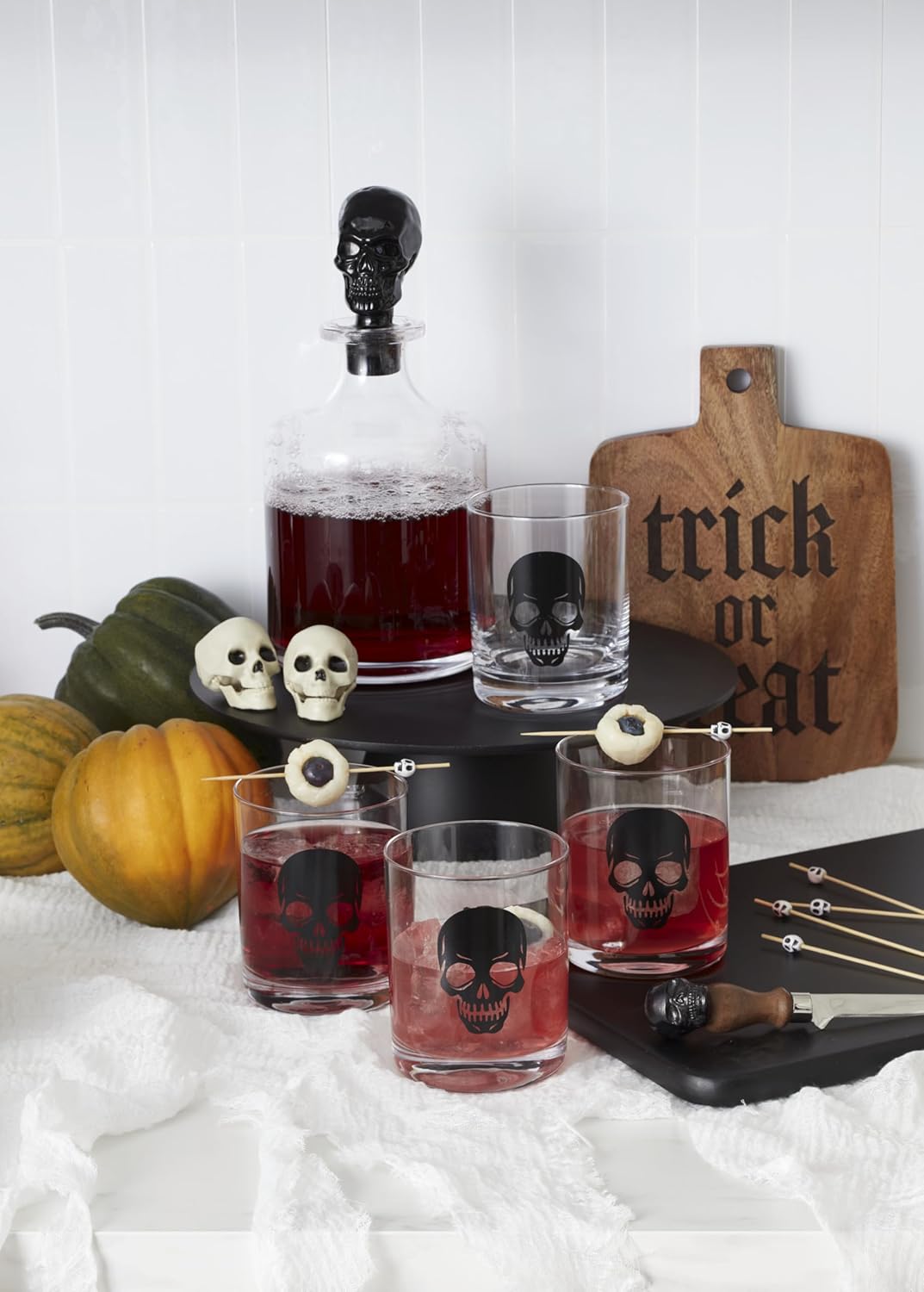 Serving Utensil Set, Skull Mirror Cheese Knives Flatware Set, Set of 4 Stainless Steel Utensils Set, Carved Wood Handles, Black Die Lacquer Finish, Halloween Decorations (4 Piece Cheese Knives)