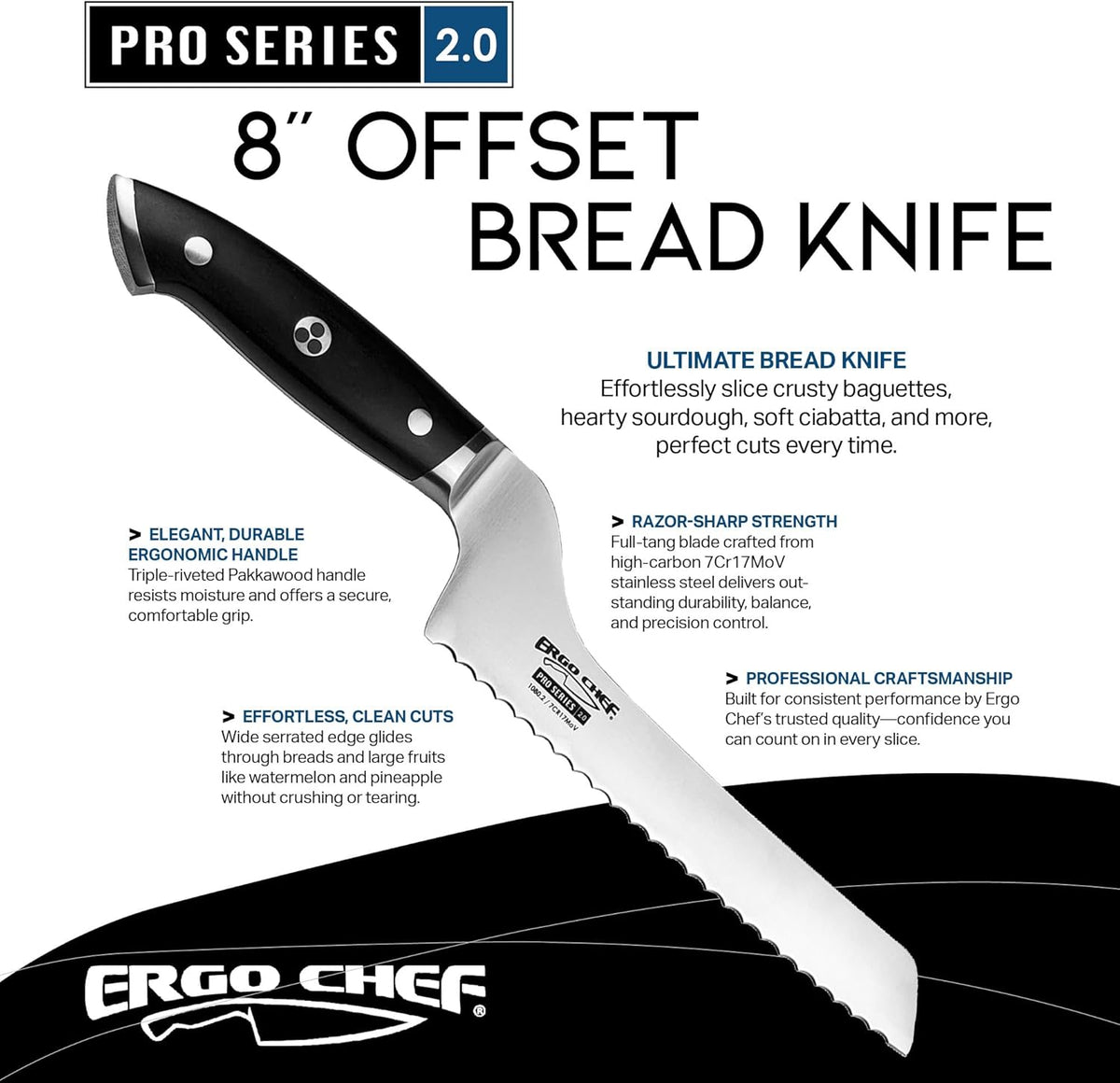 Pro Series 2.0 8-Inch Serrated Offset Bread & Deli Knife – Forged High Carbon 7Cr17MoV Stainless Steel Blade with Ergonomic Pakkawood Handle for Smooth Cutting