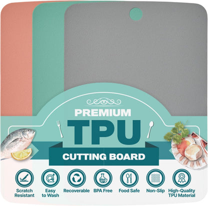 TPU Cutting Board Set of 2 11" x 16" with Handle Juice Groove - Flexible Cutting Mats for Kitchen, Knife Friendly Non-Slip Chopping Board, Scratch Resistant Blue Gray