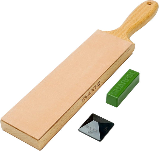 205H Double-Sided Leather Strop 13.2" x 2.4" Kit | Genuine Cowhide Stropping Block with 2 oz Polishing Compound & Angle Guide, Knife Strop for Honing Knives, Tools
