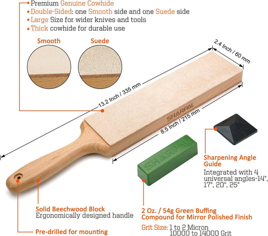 205H Double-Sided Leather Strop 13.2" x 2.4" Kit | Genuine Cowhide Stropping Block with 2 oz Polishing Compound & Angle Guide, Knife Strop for Honing Knives, Tools