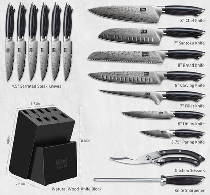 16 Pieces Knife Set, Knife Block Set in Powder Steel, Ultra Sharp Kitchen Knives Set, High Hardness Japanese Knife Set with Ergonomic Pakkawood Handle, Chef Knives Set for Kitchen Cooking