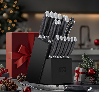 16 Pieces Knife Set, Knife Block Set in Powder Steel, Ultra Sharp Kitchen Knives Set, High Hardness Japanese Knife Set with Ergonomic Pakkawood Handle, Chef Knives Set for Kitchen Cooking