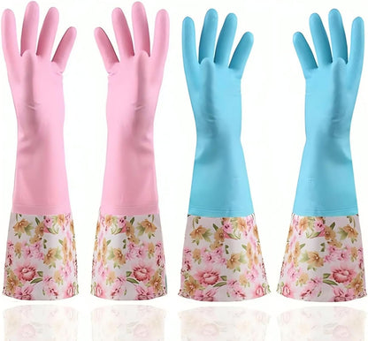 Rubber Latex-Free Waterproof Dishwashing Gloves,2 Pair Medium Long Cuff Flock Lining Household Cleaning Gloves