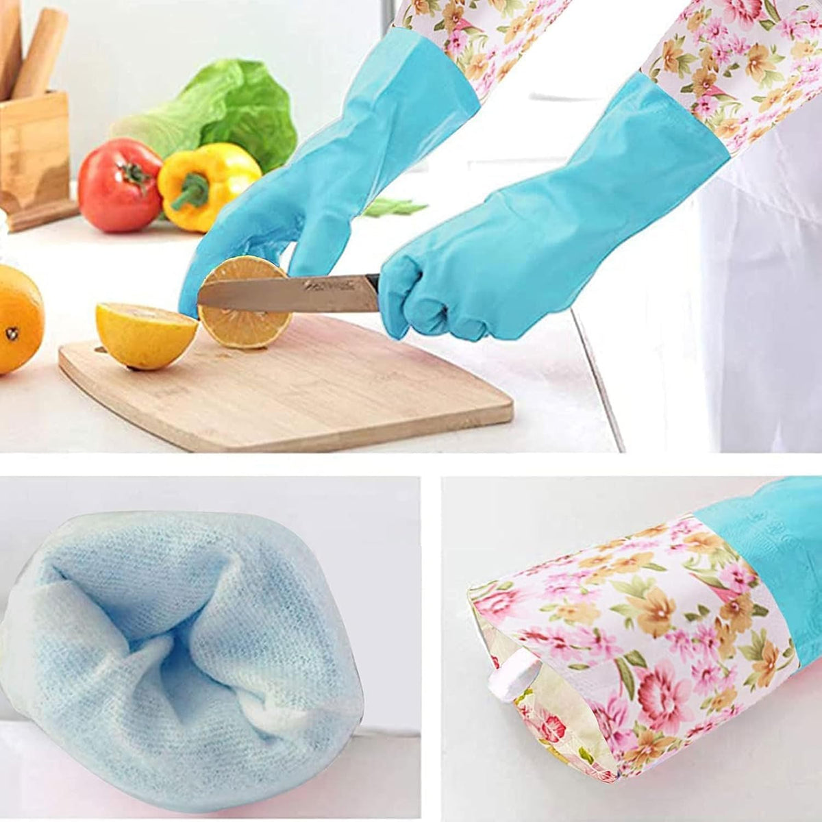 Rubber Latex-Free Waterproof Dishwashing Gloves,2 Pair Medium Long Cuff Flock Lining Household Cleaning Gloves