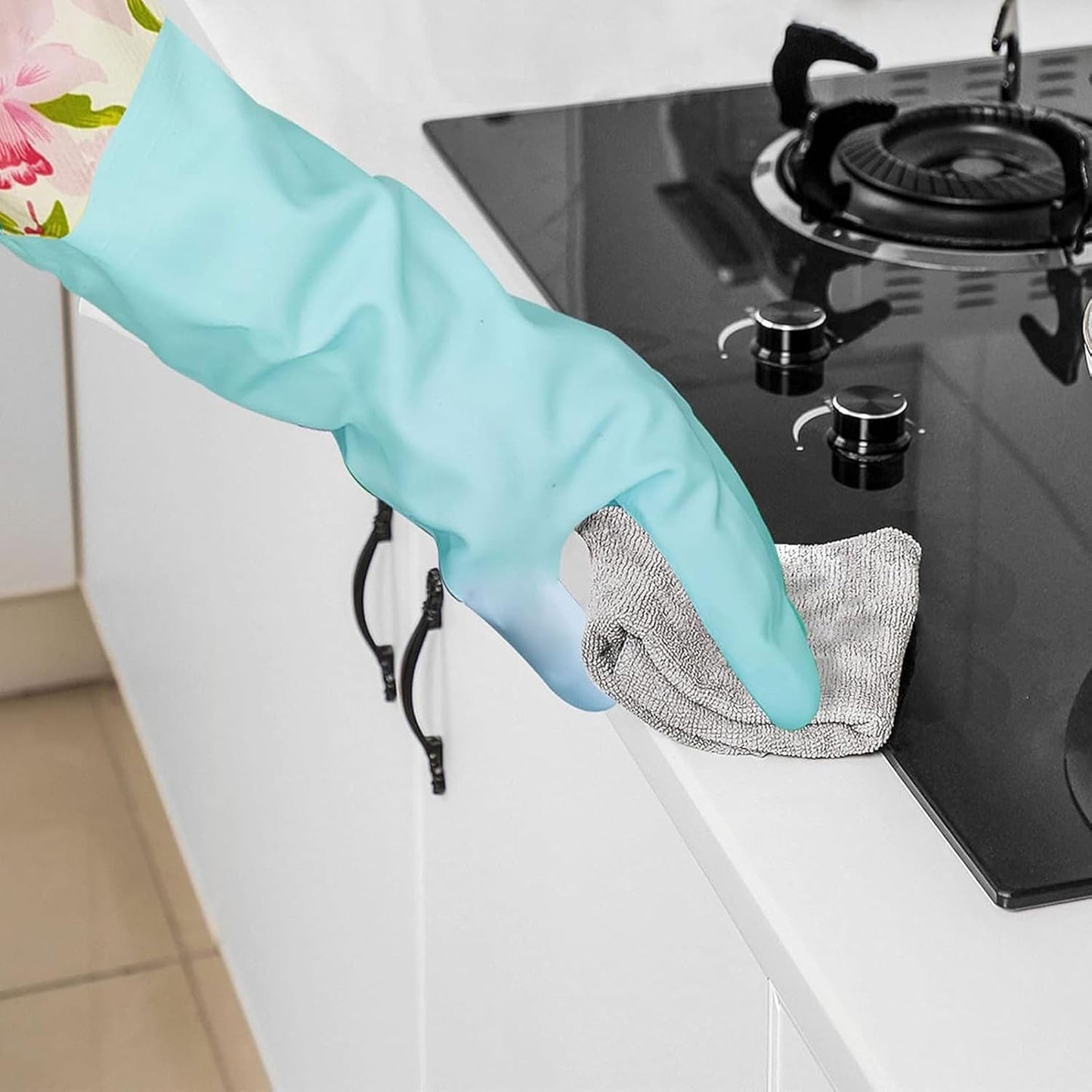 Rubber Latex-Free Waterproof Dishwashing Gloves,2 Pair Medium Long Cuff Flock Lining Household Cleaning Gloves