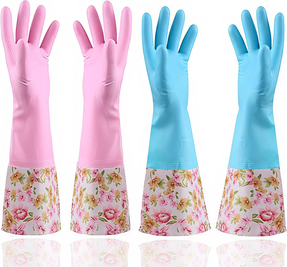 Rubber Latex-Free Waterproof Dishwashing Gloves,2 Pair Medium Long Cuff Flock Lining Household Cleaning Gloves