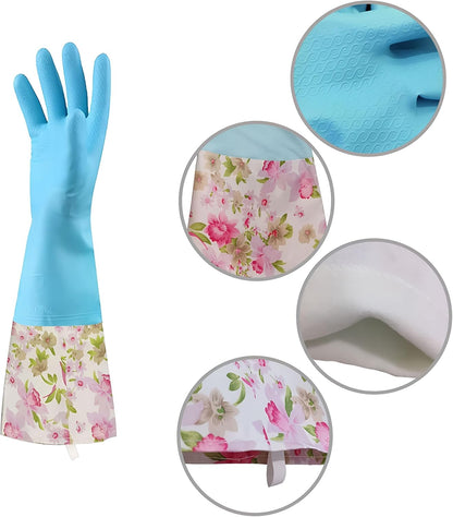 Rubber Latex-Free Waterproof Dishwashing Gloves,2 Pair Medium Long Cuff Flock Lining Household Cleaning Gloves