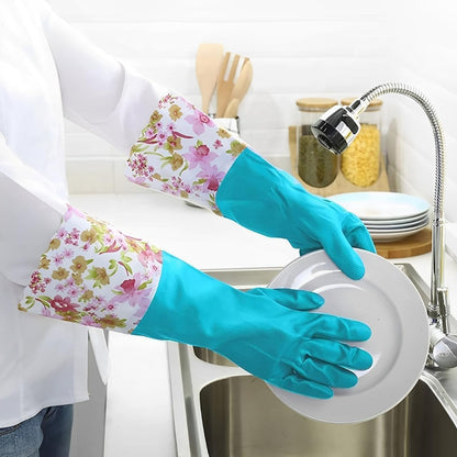 Rubber Latex-Free Waterproof Dishwashing Gloves,2 Pair Medium Long Cuff Flock Lining Household Cleaning Gloves