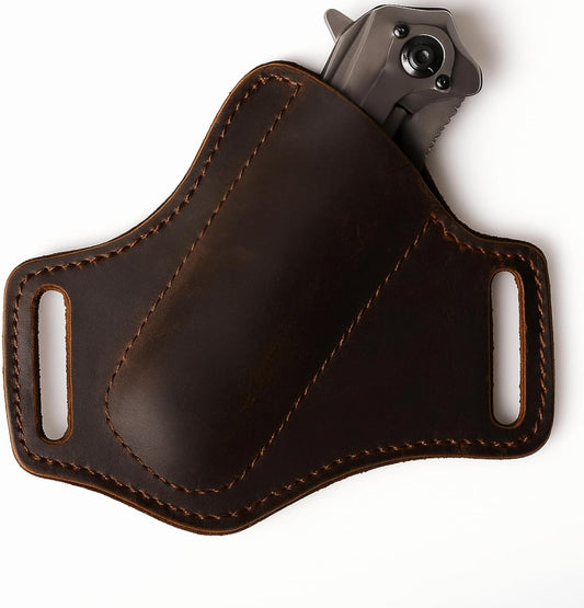 Handmade Leather Knife Sheath for Belt, EDC Folding Knife Holster for Men, Cross Draw Open Top Right-Hand Carry Sheath for 5 Inch Pocket Knife, Dark Brown
