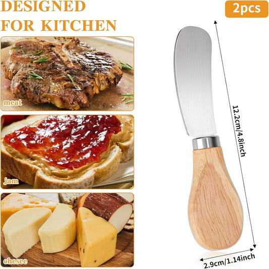 2PCS Cheese Spreader Knives Butter Spreader Knife Spreading 4.8In | Stainless Steel Butter Knife Spreaders with Wooden Handle for Jam Charcuterie Pastry Kitchen Accessories Charcuterie Utensils