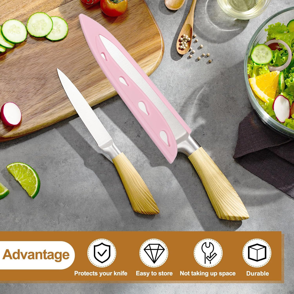 3Pcs Plastic Safety Knife Cover Sleeves Set, Universal Blade Covers Chopping Knife Guard Blade Protector for Kitchen Bar, Pink