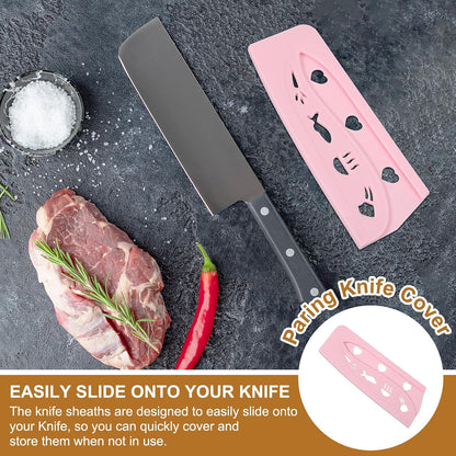 3Pcs Plastic Safety Knife Cover Sleeves Set, Universal Blade Covers Chopping Knife Guard Blade Protector for Kitchen Bar, Pink