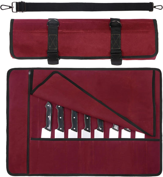 Chef Knife Roll Bag,Waxed Canvas Knife roll bag,Portable 10 Slots Chef Knife case with 1 Zipper Pockets,Heavy Duty Knives Roll Bags for Chef Case for Camping and Hold Home Kitchen Knife Tools Up (Red)