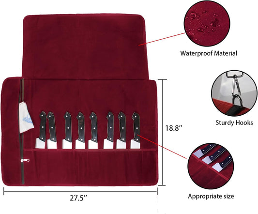 Chef Knife Roll Bag,Waxed Canvas Knife roll bag,Portable 10 Slots Chef Knife case with 1 Zipper Pockets,Heavy Duty Knives Roll Bags for Chef Case for Camping and Hold Home Kitchen Knife Tools Up (Red)