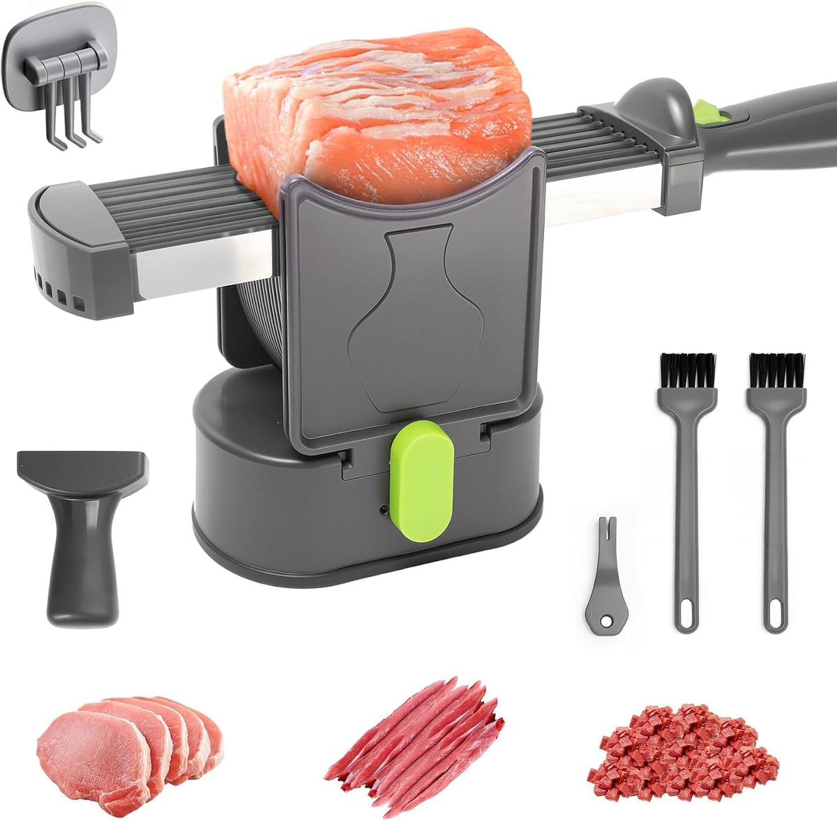 Fresh meat slicer Thickness adjustable 2 or 4 mm 17 blades can cut 18 slices of meat Manual meat slicer Beef Pork Lamb slicer for home cooking BBQ hotpot Quick slicing shredding dicing (gray)