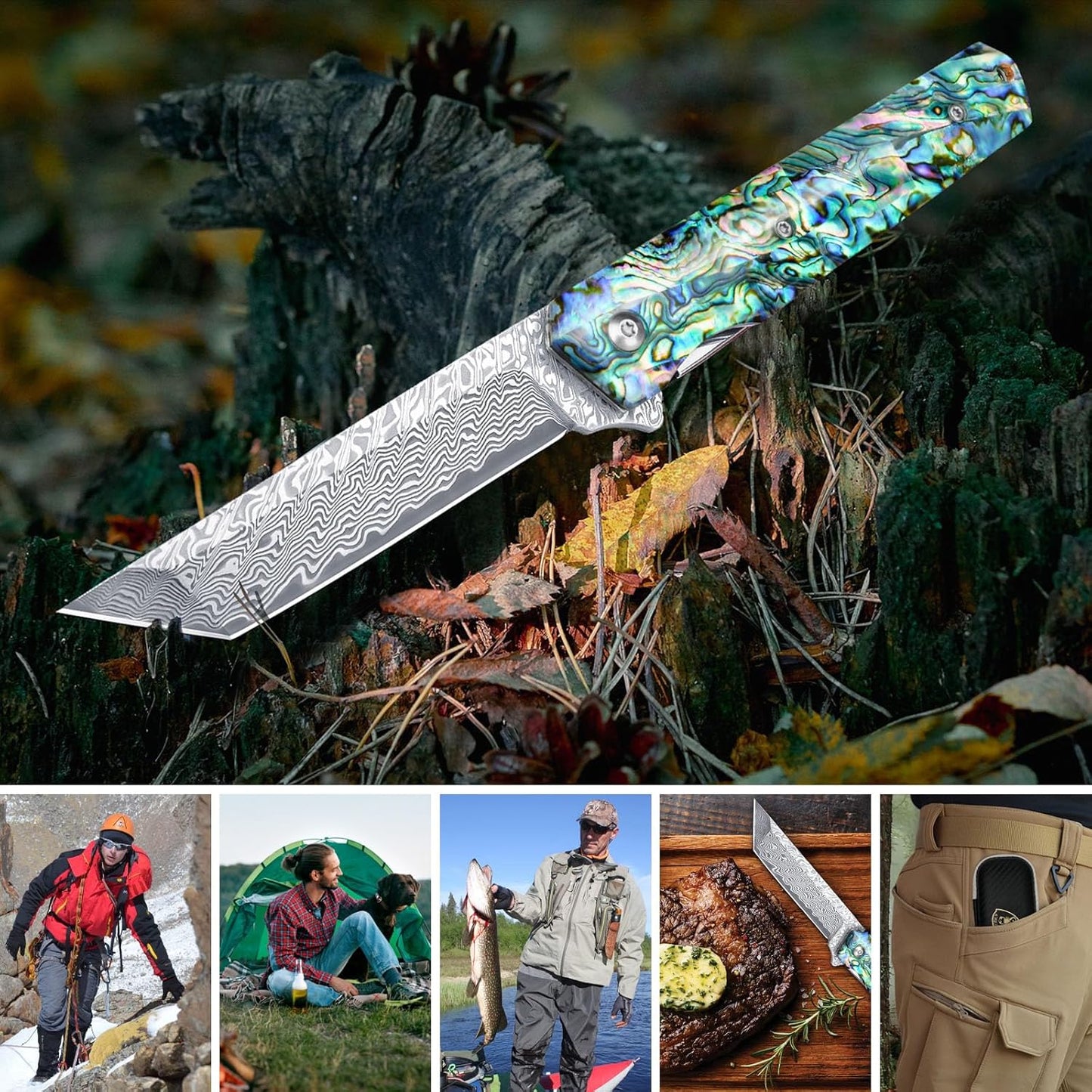 Damascus Pocket Knife with Clip, Sharp Tanto Blade with VG10 Core Folding Knife with Abalone Shell Handle and Glass Breaker, EDC Camping Knife for Gift Survival Collection