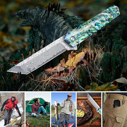 Damascus Pocket Knife with Clip, Sharp Tanto Blade with VG10 Core Folding Knife with Abalone Shell Handle and Glass Breaker, EDC Camping Knife for Gift Survival Collection