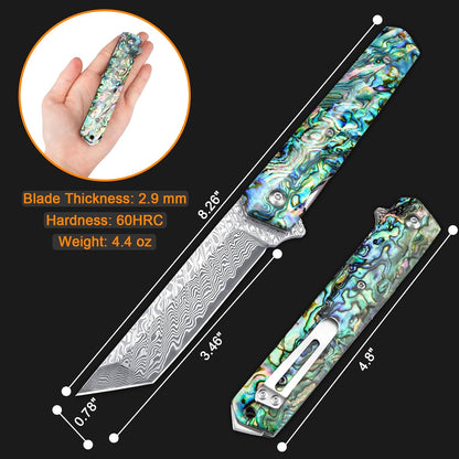 Damascus Pocket Knife with Clip, Sharp Tanto Blade with VG10 Core Folding Knife with Abalone Shell Handle and Glass Breaker, EDC Camping Knife for Gift Survival Collection