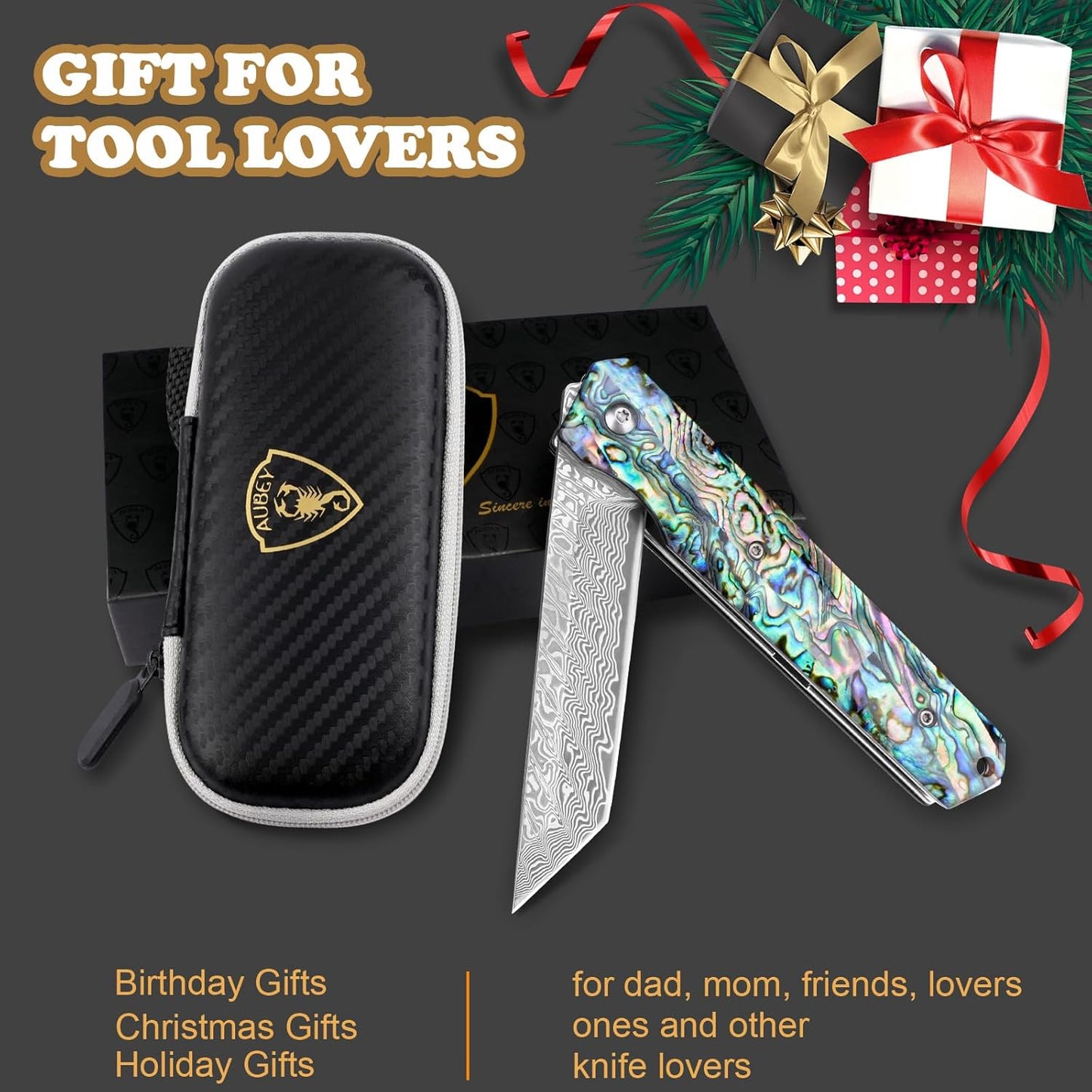 Damascus Pocket Knife with Clip, Sharp Tanto Blade with VG10 Core Folding Knife with Abalone Shell Handle and Glass Breaker, EDC Camping Knife for Gift Survival Collection