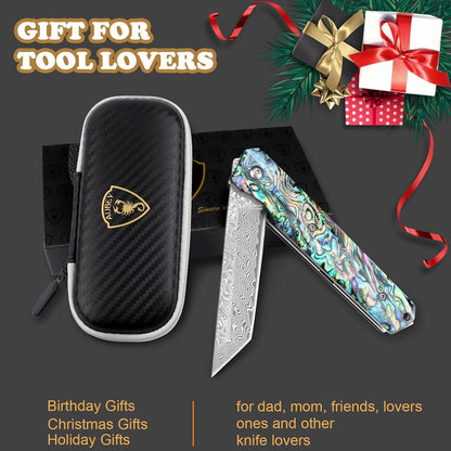 Damascus Pocket Knife with Clip, Sharp Tanto Blade with VG10 Core Folding Knife with Abalone Shell Handle and Glass Breaker, EDC Camping Knife for Gift Survival Collection