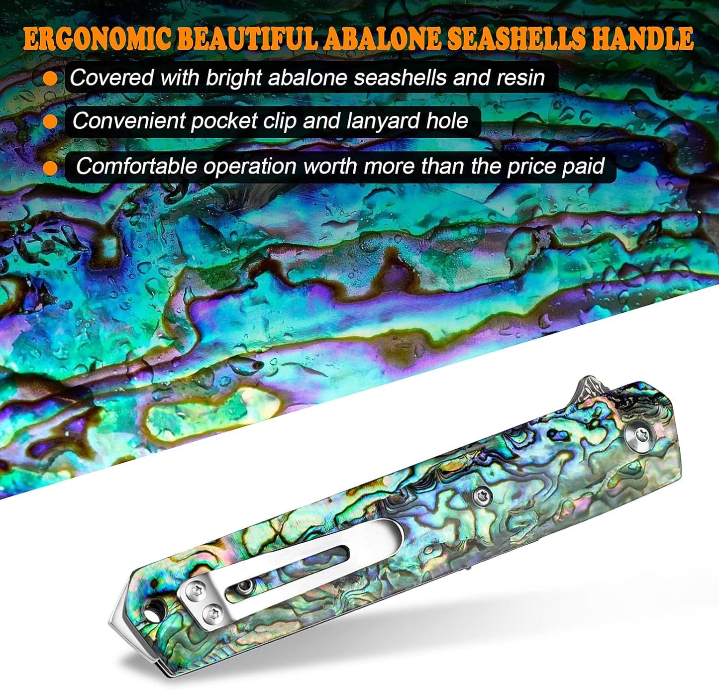 Damascus Pocket Knife with Clip, Sharp Tanto Blade with VG10 Core Folding Knife with Abalone Shell Handle and Glass Breaker, EDC Camping Knife for Gift Survival Collection