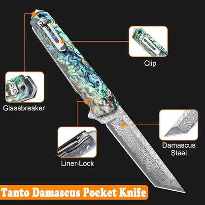 Damascus Pocket Knife with Clip, Sharp Tanto Blade with VG10 Core Folding Knife with Abalone Shell Handle and Glass Breaker, EDC Camping Knife for Gift Survival Collection