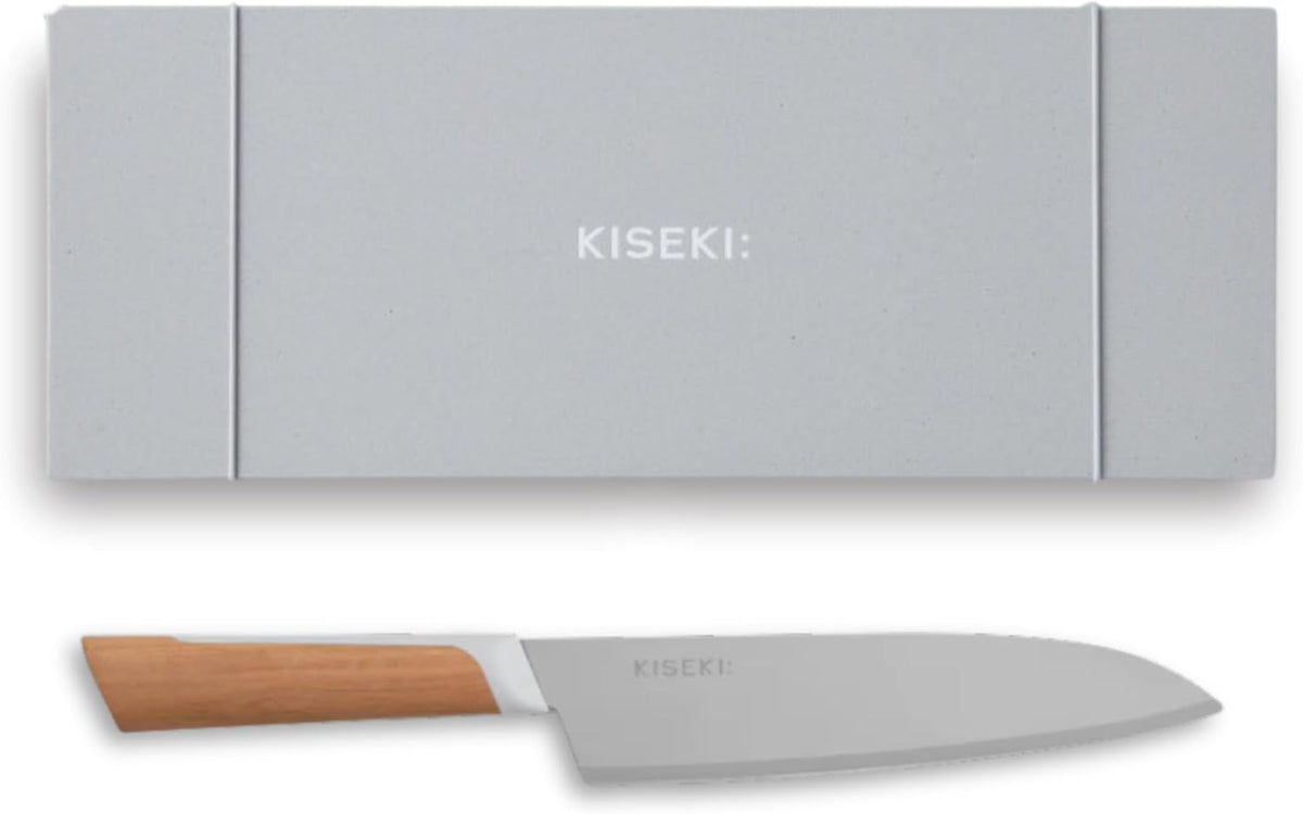 KISEKI: 7.1 Inch Santoku Japanese Chef's Knife, 1.2 mm Tungsten Carbide Alloy Blade, Ergonomic Yamazakura Cherry Wood Handle, Rust Resistant, Made in Japan