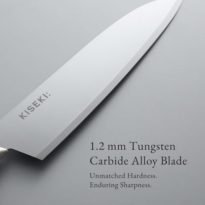 KISEKI: 7.1 Inch Santoku Japanese Chef's Knife, 1.2 mm Tungsten Carbide Alloy Blade, Ergonomic Yamazakura Cherry Wood Handle, Rust Resistant, Made in Japan