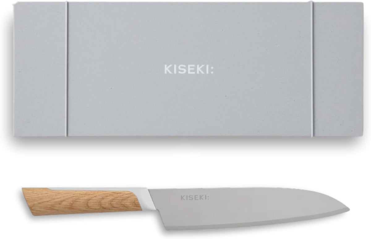KISEKI: 7.1 Inch Santoku Japanese Chef's Knife, 1.2 mm Tungsten Carbide Alloy Blade, Ergonomic Yamazakura Cherry Wood Handle, Rust Resistant, Made in Japan