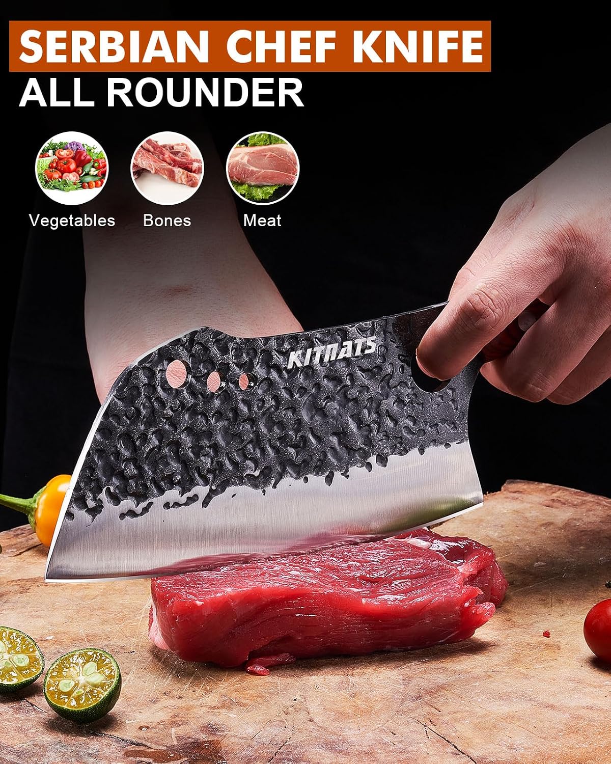 3PCS Butcher Knife Set, Razor Sharp Hand Forged Meat Cleaver & Boning Knives for Meat & Bone Cutting, Kitchen Knives for Cooking BBQ, Gift for Men & Women