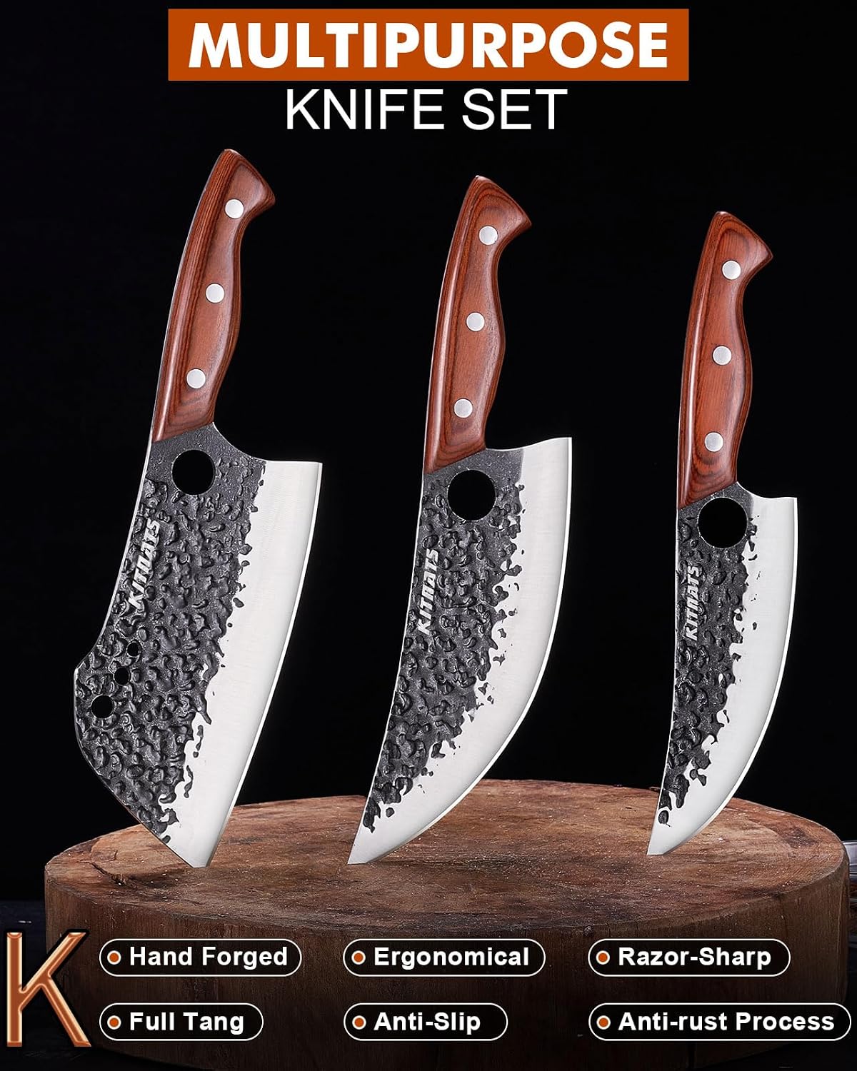 3PCS Butcher Knife Set, Razor Sharp Hand Forged Meat Cleaver & Boning Knives for Meat & Bone Cutting, Kitchen Knives for Cooking BBQ, Gift for Men & Women