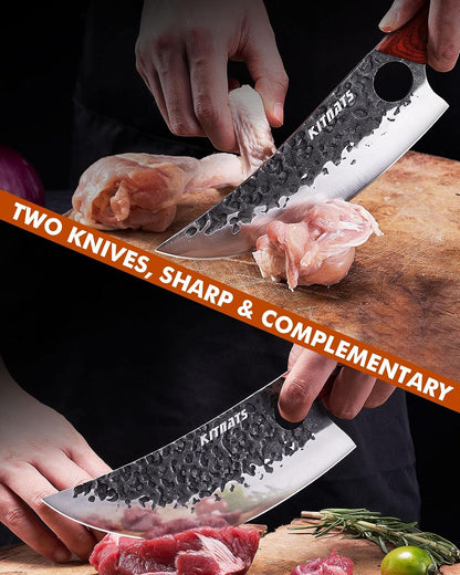 3PCS Butcher Knife Set, Razor Sharp Hand Forged Meat Cleaver & Boning Knives for Meat & Bone Cutting, Kitchen Knives for Cooking BBQ, Gift for Men & Women