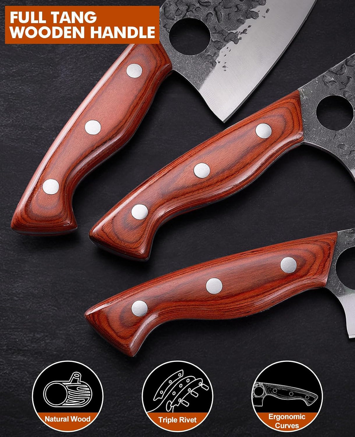 3PCS Butcher Knife Set, Razor Sharp Hand Forged Meat Cleaver & Boning Knives for Meat & Bone Cutting, Kitchen Knives for Cooking BBQ, Gift for Men & Women