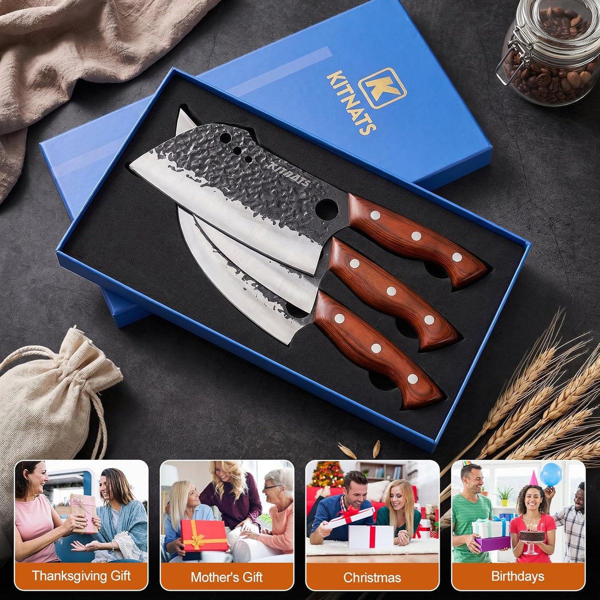 3PCS Butcher Knife Set, Razor Sharp Hand Forged Meat Cleaver & Boning Knives for Meat & Bone Cutting, Kitchen Knives for Cooking BBQ, Gift for Men & Women