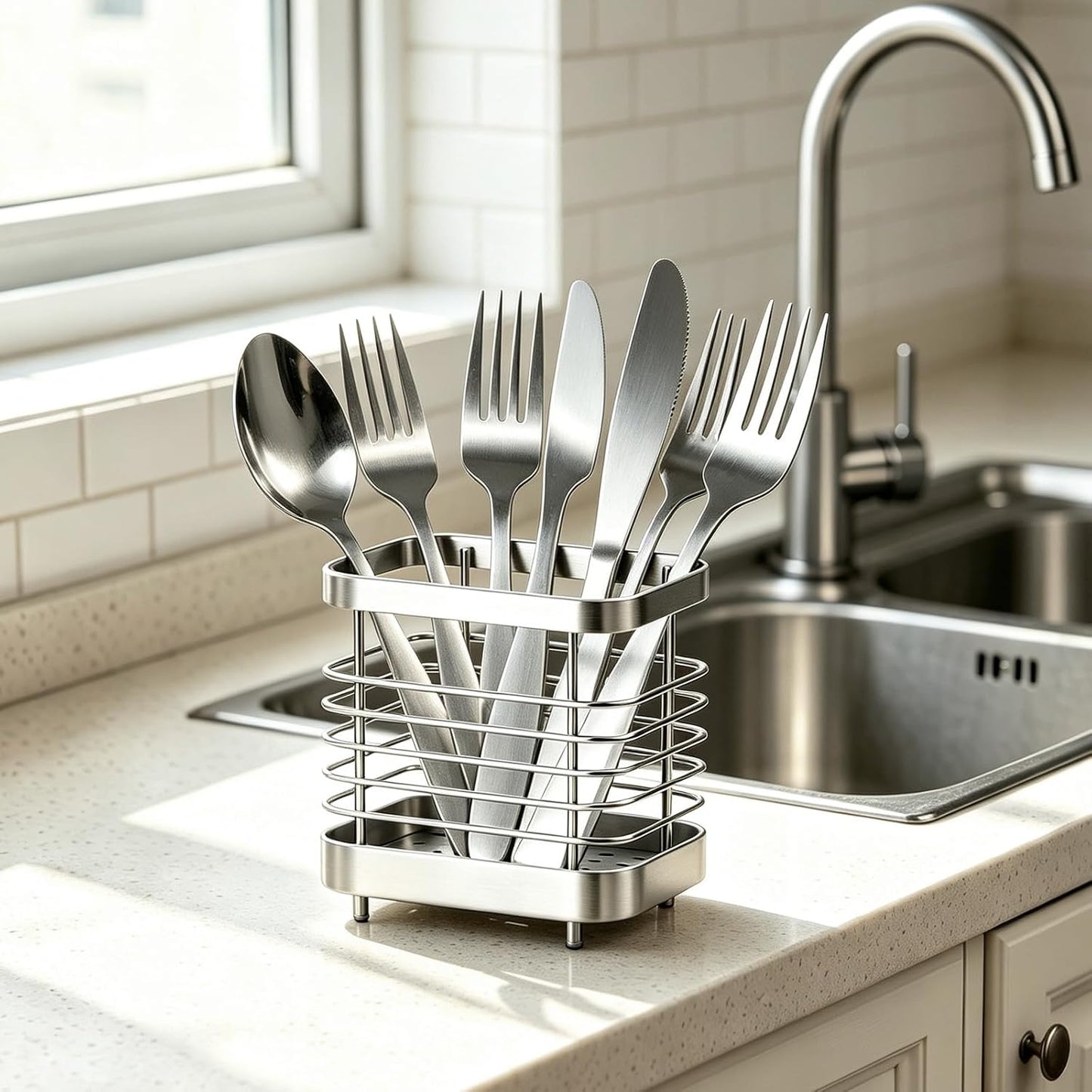 Utensil Holder, Stainless Steel Utensil Drying Rack for Kitchen Counter | Sturdy, Drain Hole, Silverware, Cutlery, Flatware, Forks, Knives, Spoons, Chopsticks, Organizer