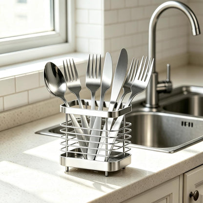 Utensil Holder, Stainless Steel Utensil Drying Rack for Kitchen Counter | Sturdy, Drain Hole, Silverware, Cutlery, Flatware, Forks, Knives, Spoons, Chopsticks, Organizer