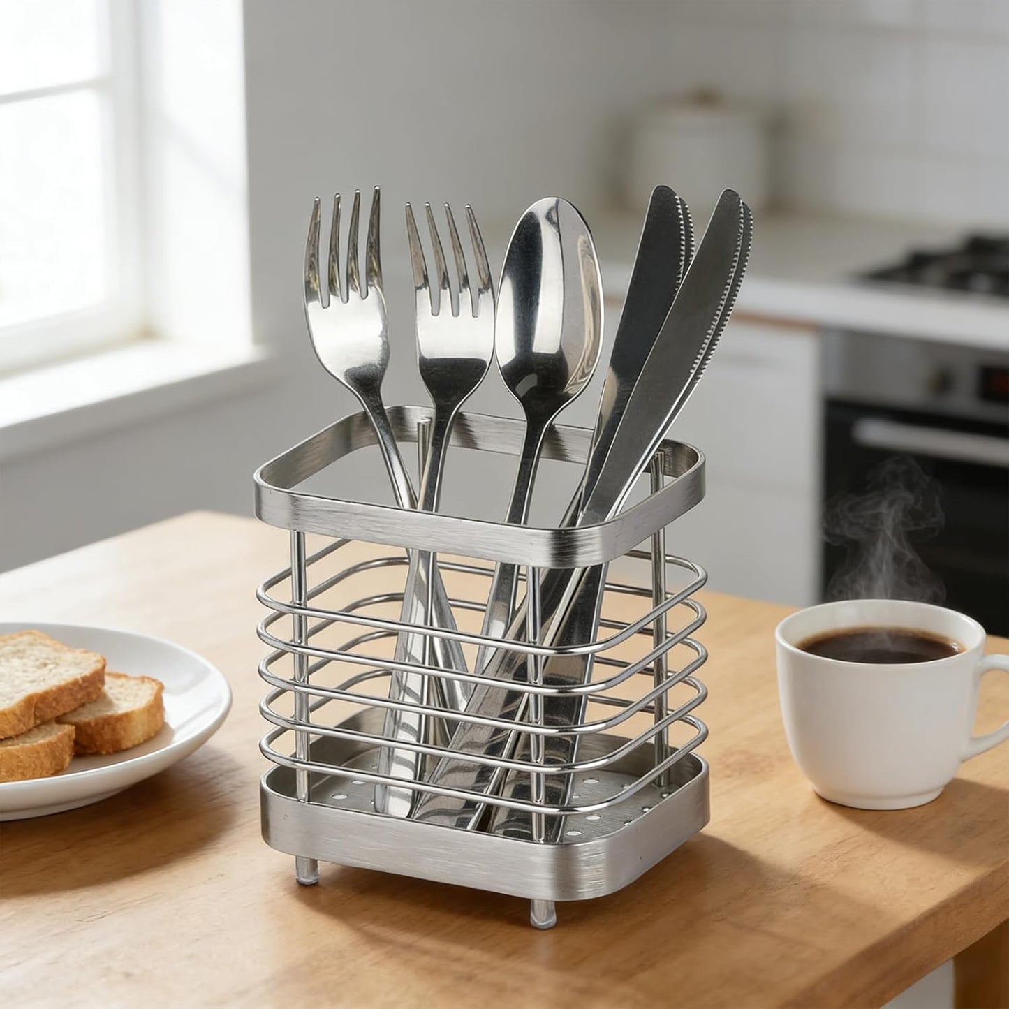Utensil Holder, Stainless Steel Utensil Drying Rack for Kitchen Counter | Sturdy, Drain Hole, Silverware, Cutlery, Flatware, Forks, Knives, Spoons, Chopsticks, Organizer