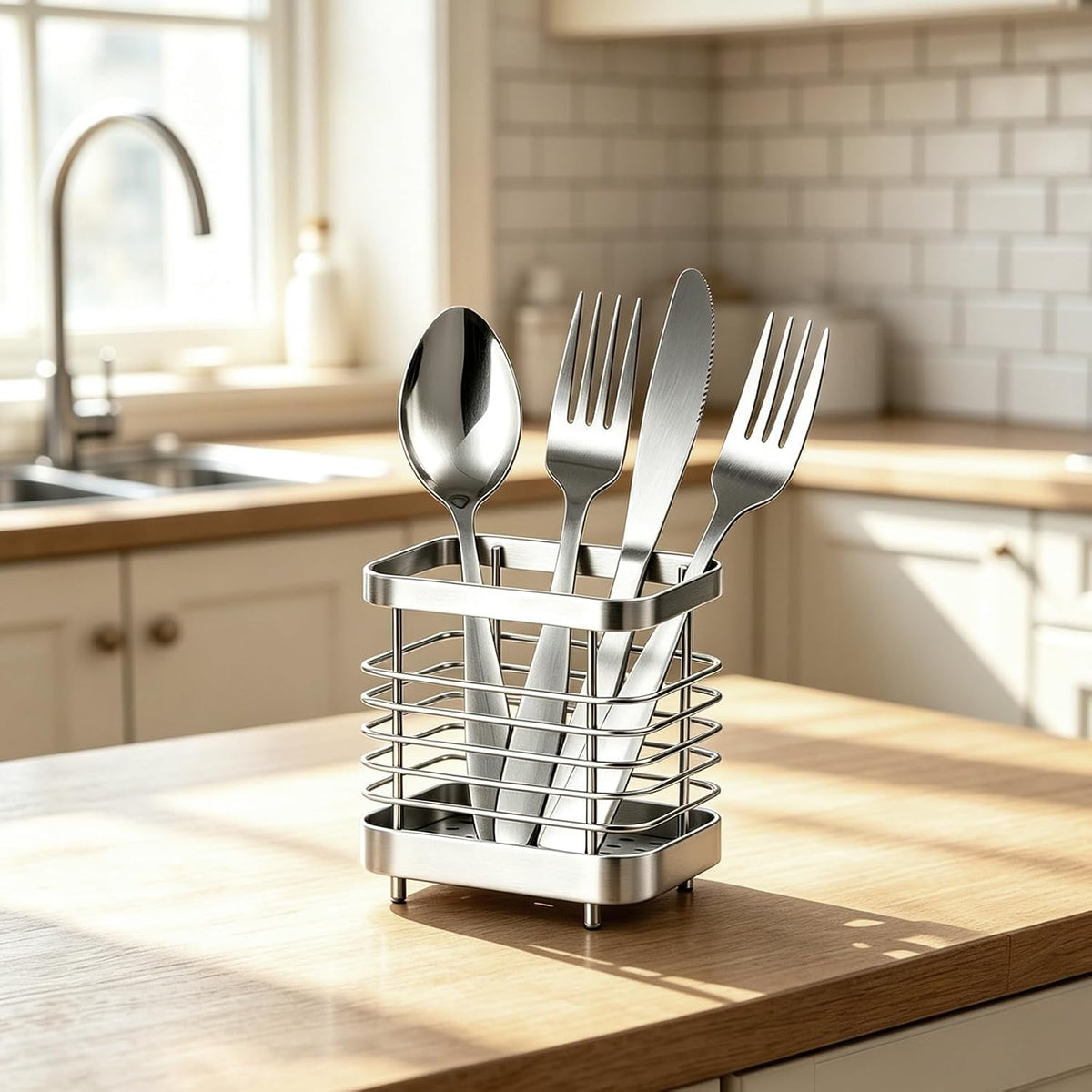 Utensil Holder, Stainless Steel Utensil Drying Rack for Kitchen Counter | Sturdy, Drain Hole, Silverware, Cutlery, Flatware, Forks, Knives, Spoons, Chopsticks, Organizer