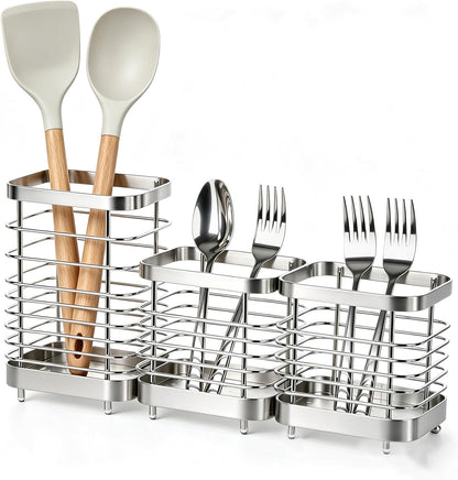 Utensil Holder, Stainless Steel Utensil Drying Rack for Kitchen Counter | Sturdy, Drain Hole, Silverware, Cutlery, Flatware, Forks, Knives, Spoons, Chopsticks, Organizer